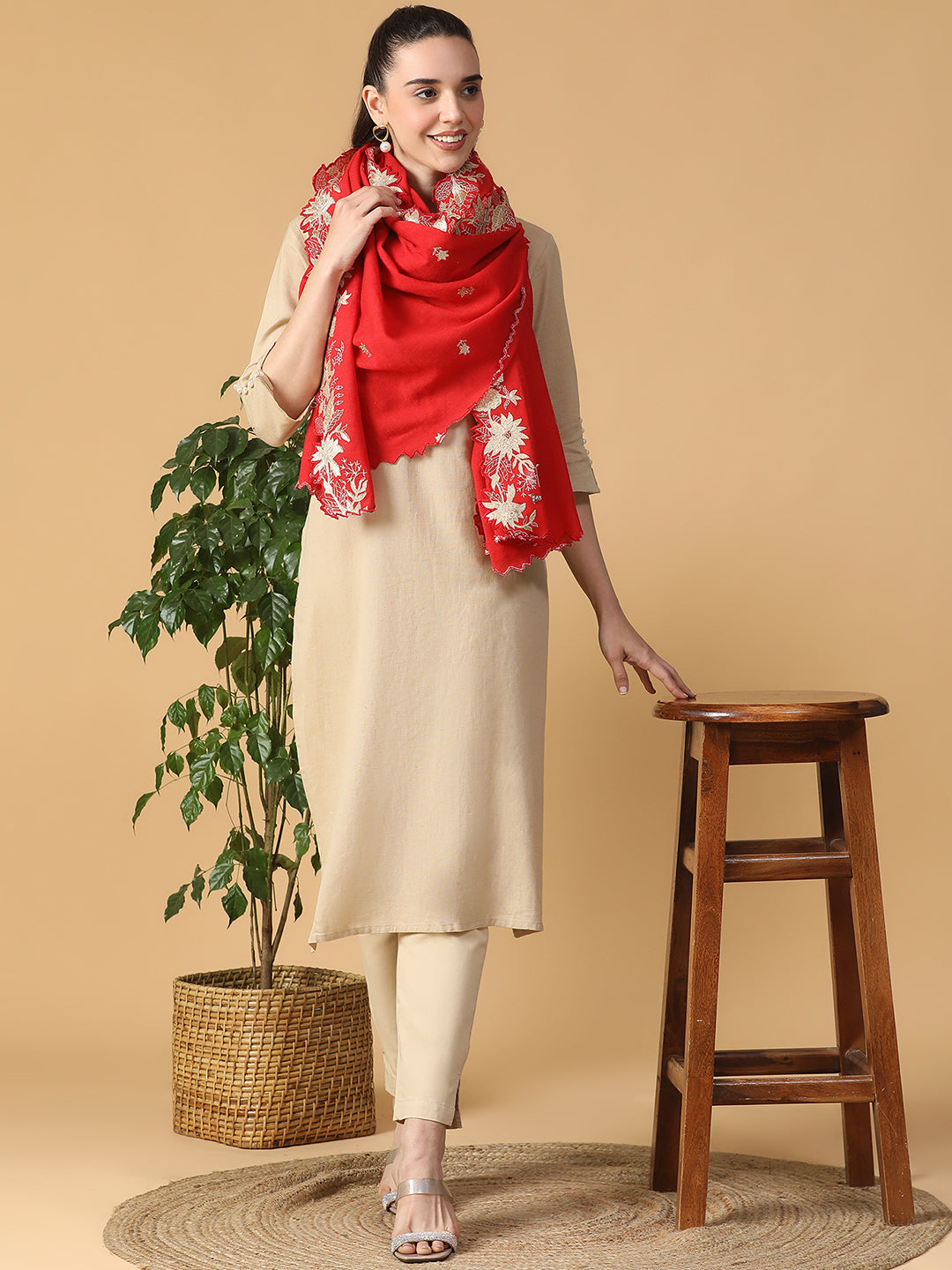 Floral Border Lurex Pure Wool Embroidered Shawl