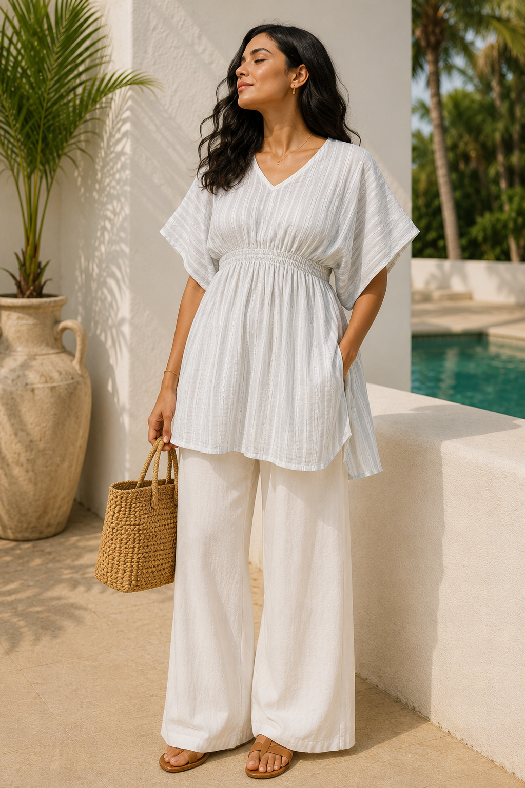 White Cotton Kaftan Top with V-Neck & Textured Stripes