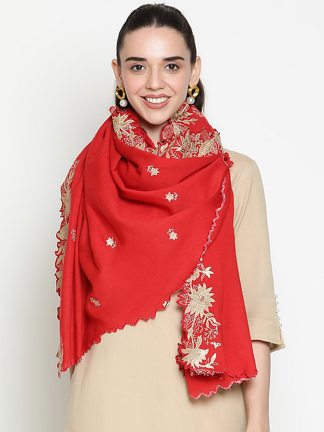 Floral Border Lurex Pure Wool Embroidered Shawl