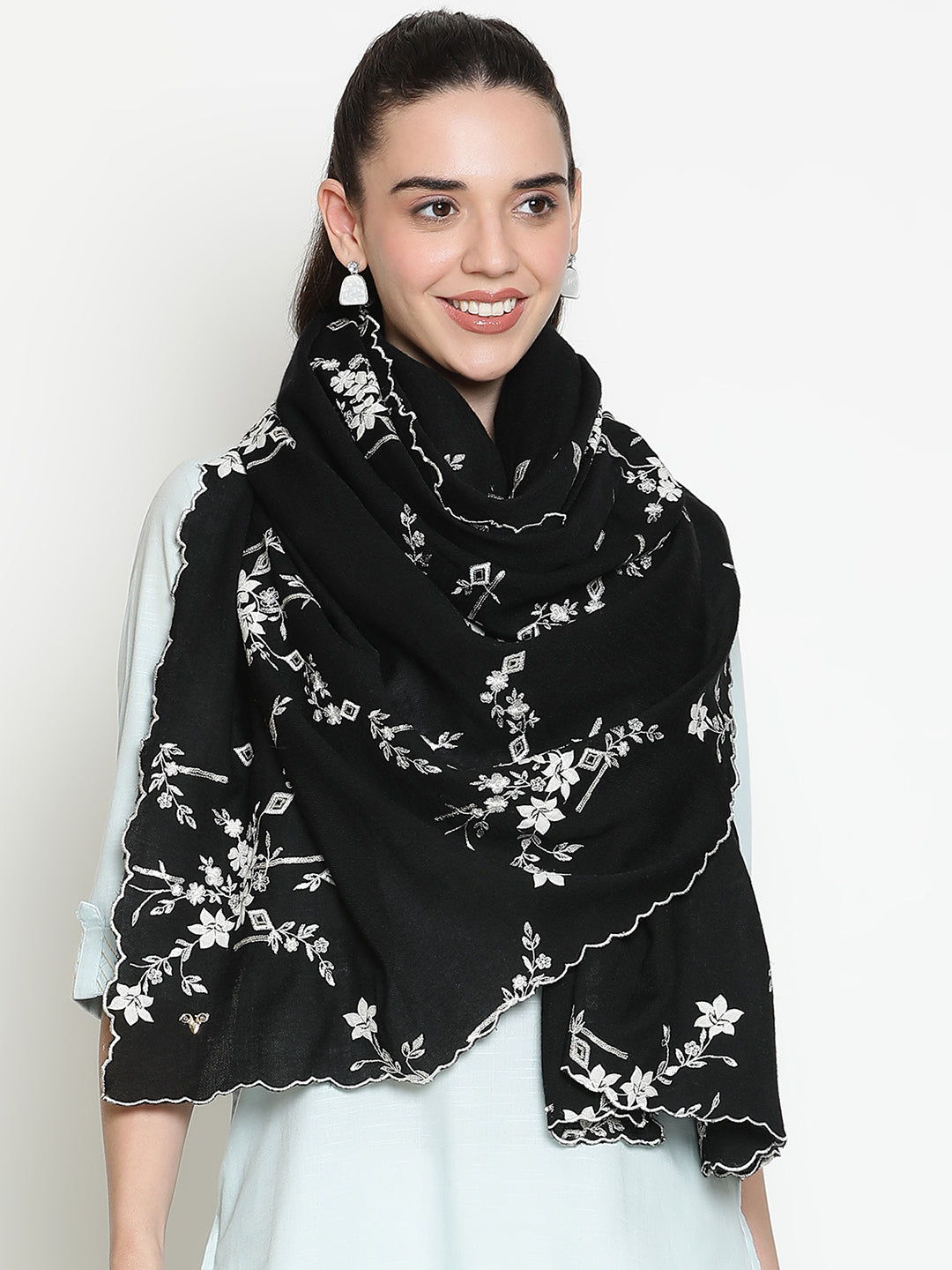 Lurex Embroidered Floral Pure Wool Shawl