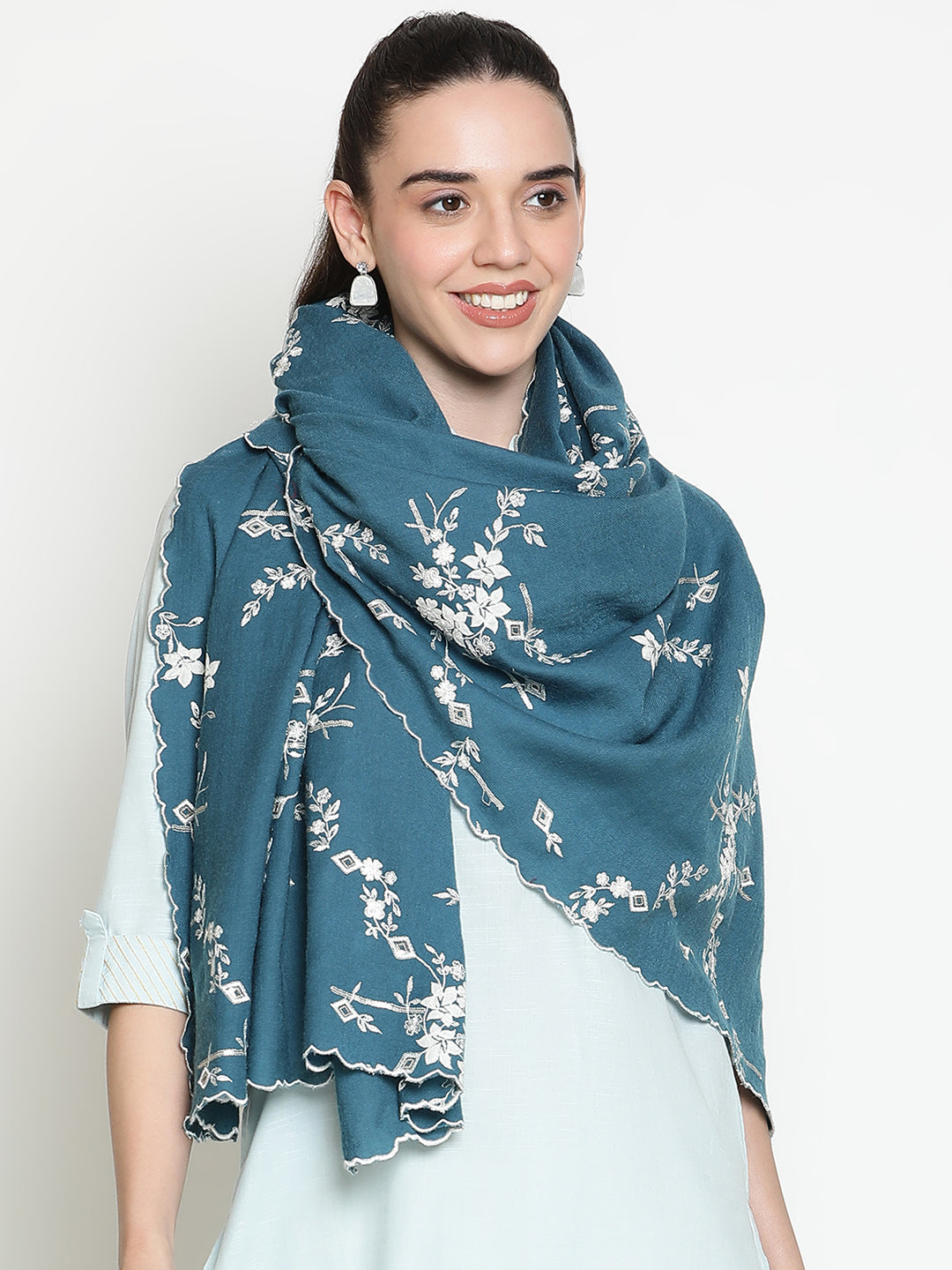 Lurex Embroidered Floral Pure Wool Shawl