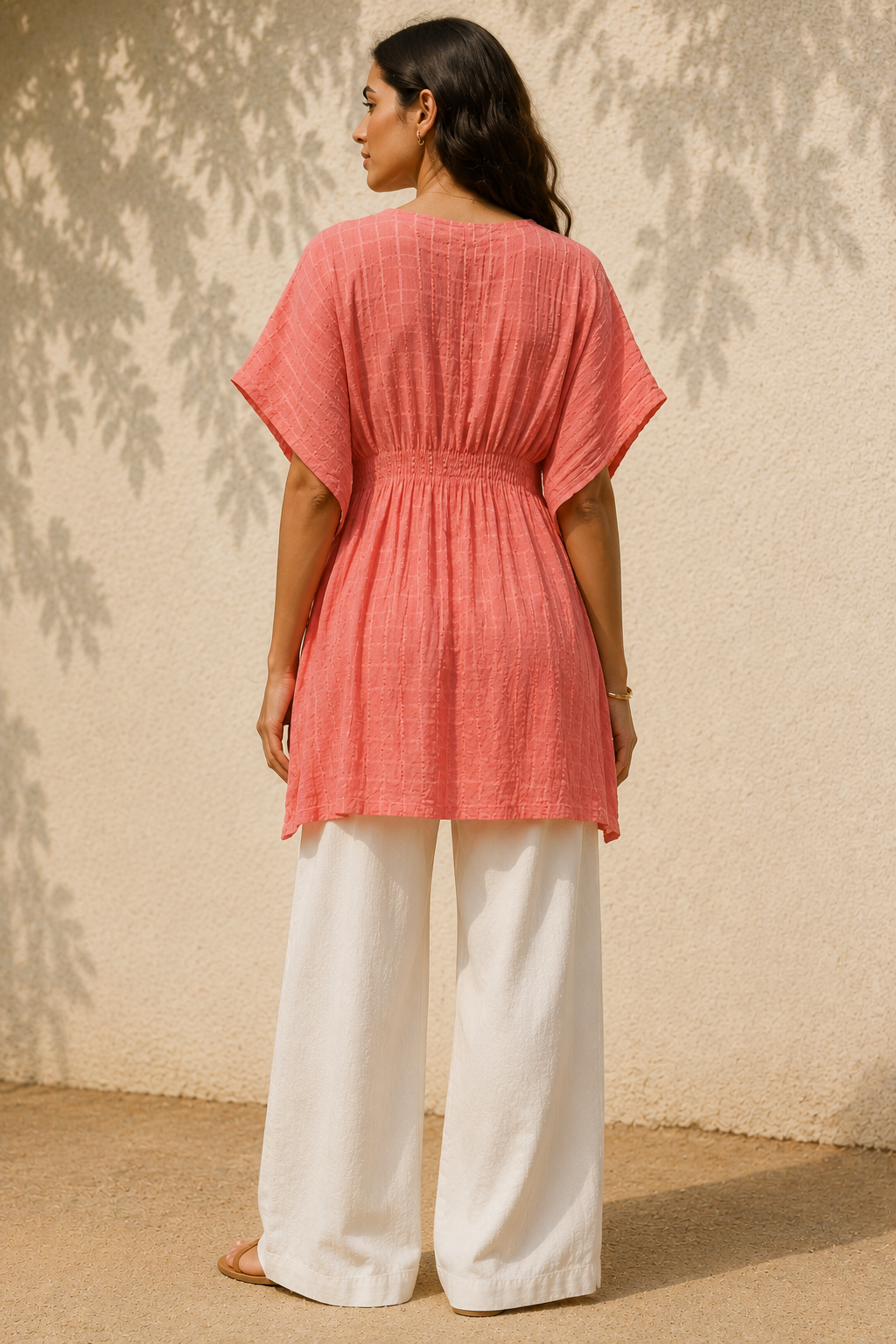 Coral Pink Textured Kaftan Top with V-Neck & Flared Hem