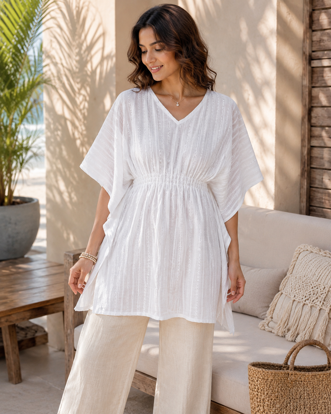 White Cotton Kaftan Top with V-Neck & Textured Stripes