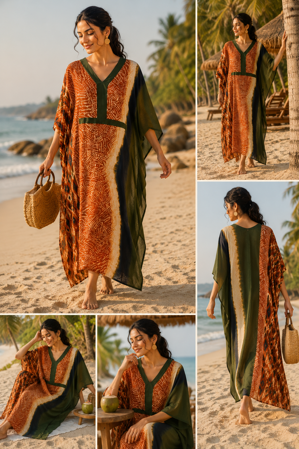 Women’s Rust Orange & Olive Printed Kaftan | V-Neck Beach & Resort Wear