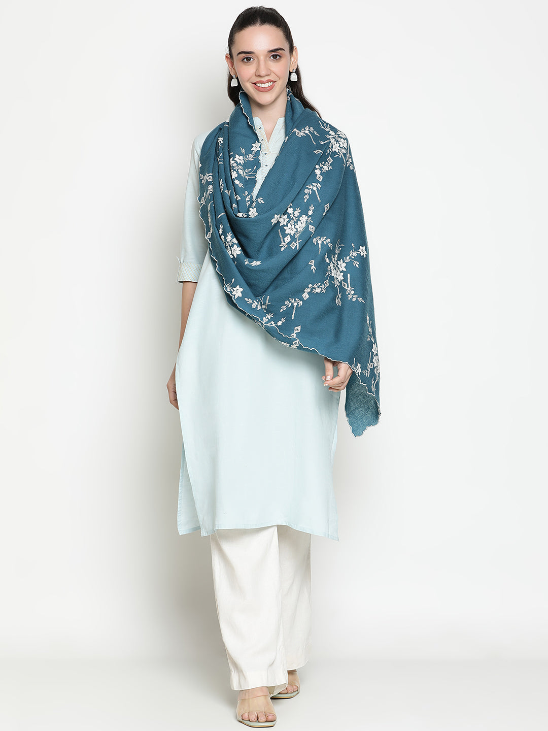 Lurex Embroidered Floral Pure Wool Shawl