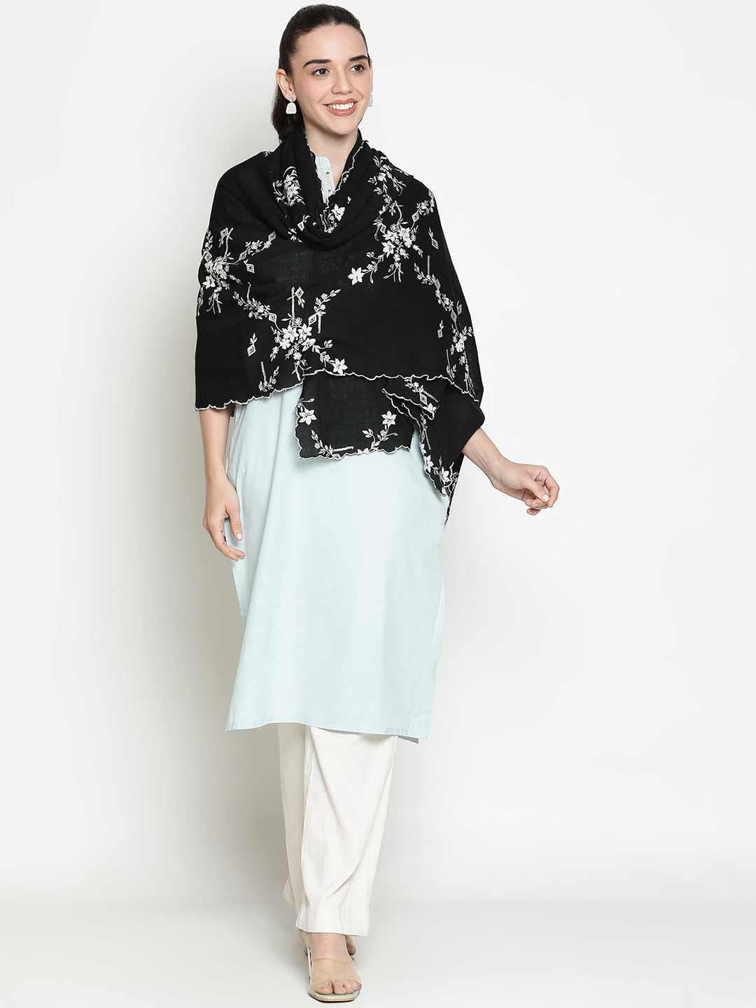 Lurex Embroidered Floral Pure Wool Shawl