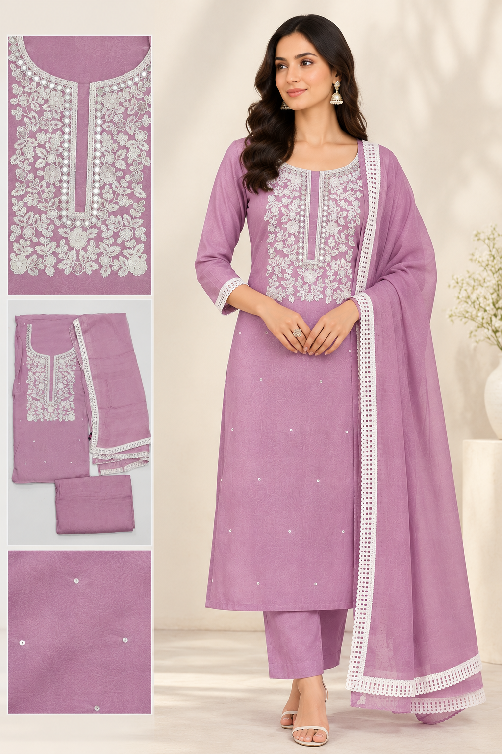Women’s Festive Wear Unstitched Suit Set with Embroidered Kurta Fabric & Lace Border Dupatta – Lavender Pink Poly Cotton 3-Piece Dress Material