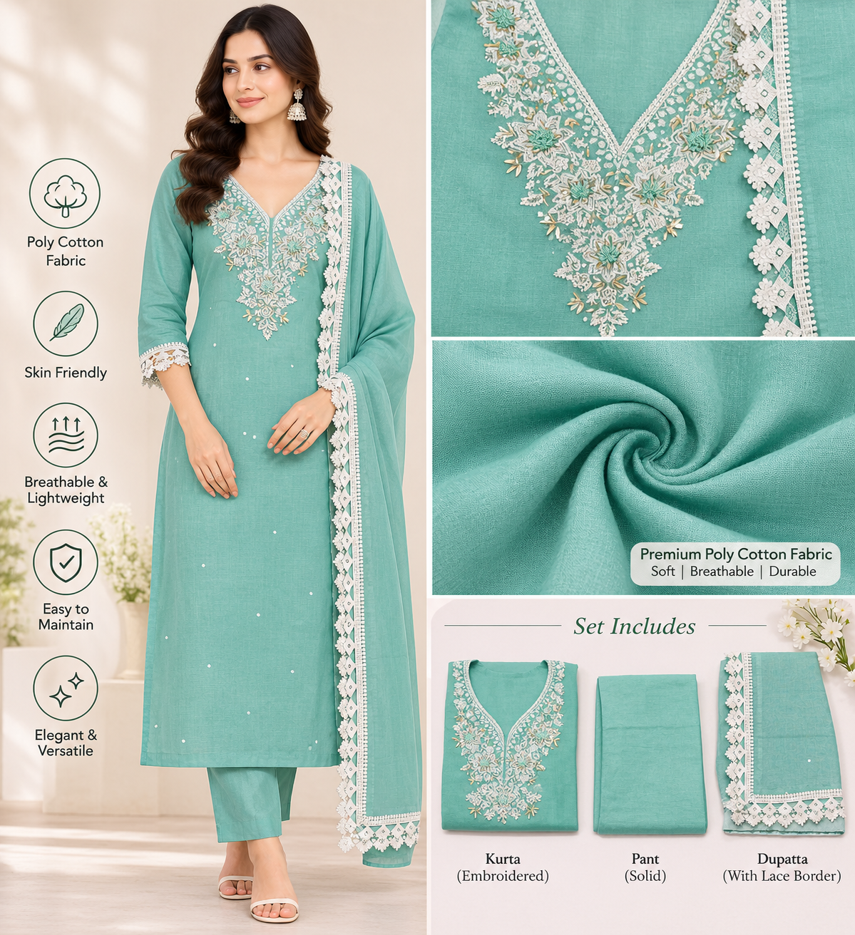 Women’s Festive Wear Unstitched Suit Set with Embroidered Kurta Fabric & Lace Dupatta – Sea Green Poly Cotton 3-Piece Dress Material