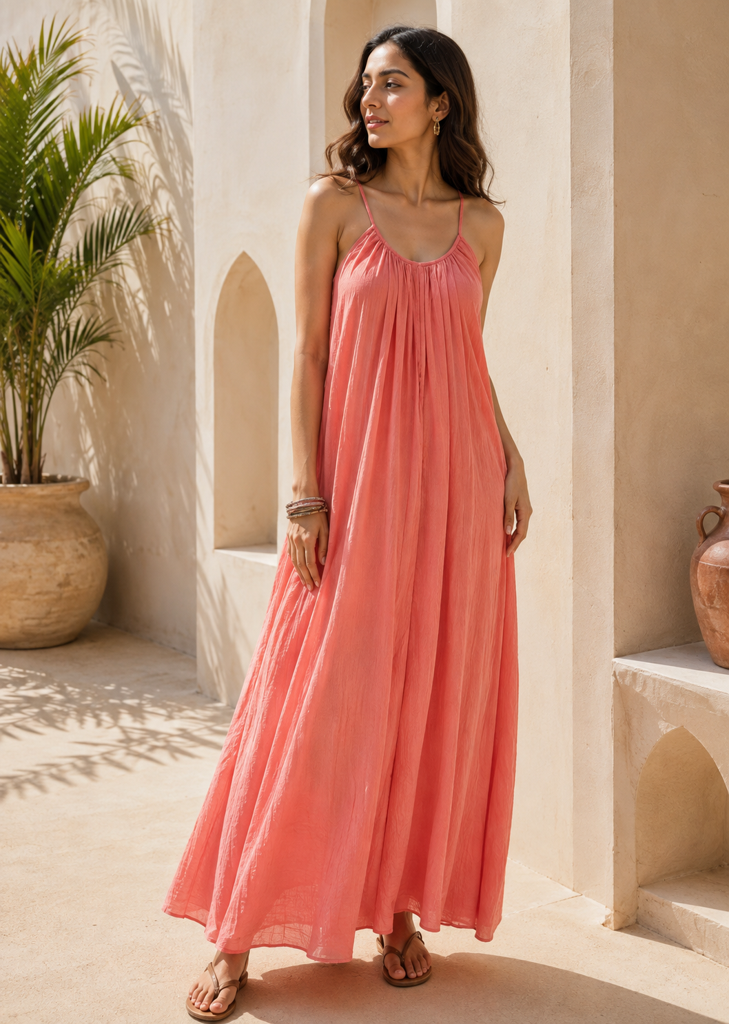 Women’s Coral Pink Flowy Maxi Dress | Sleeveless Summer & Resort Wear