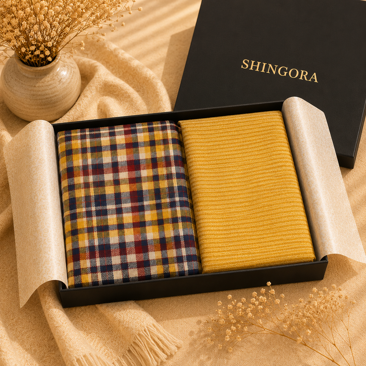 Golden Heritage Gift Set – Classic Plaid & Textured Winter Wraps
