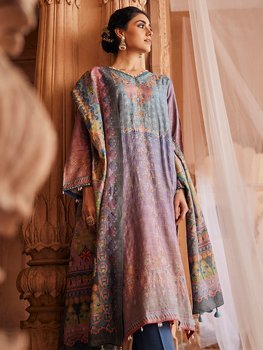 Tussar: Printed Design Stitched Suit & Dupatta Set