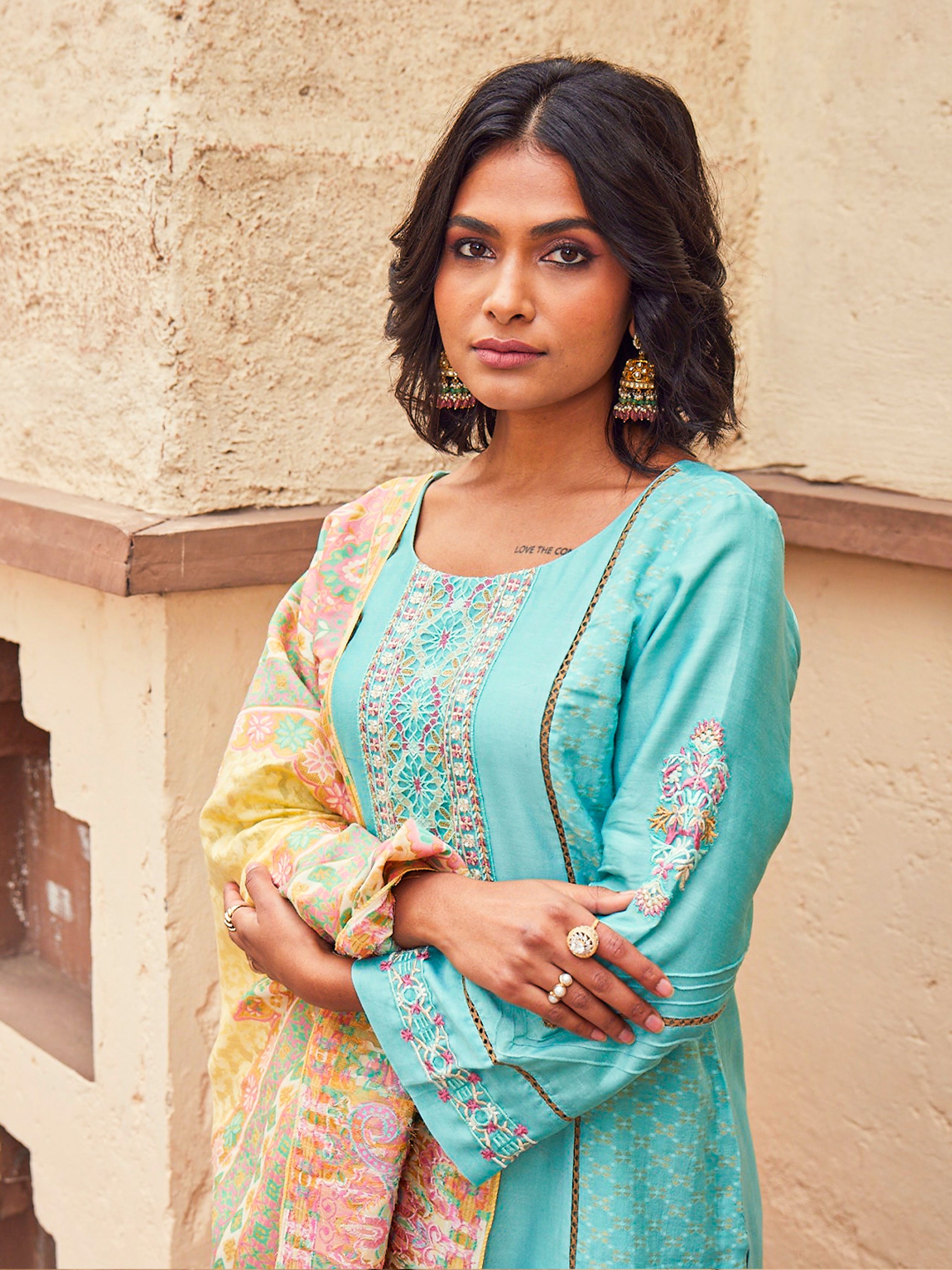 Saanjh: Jacquard Embroidered Unstitched Suit with Dupatta