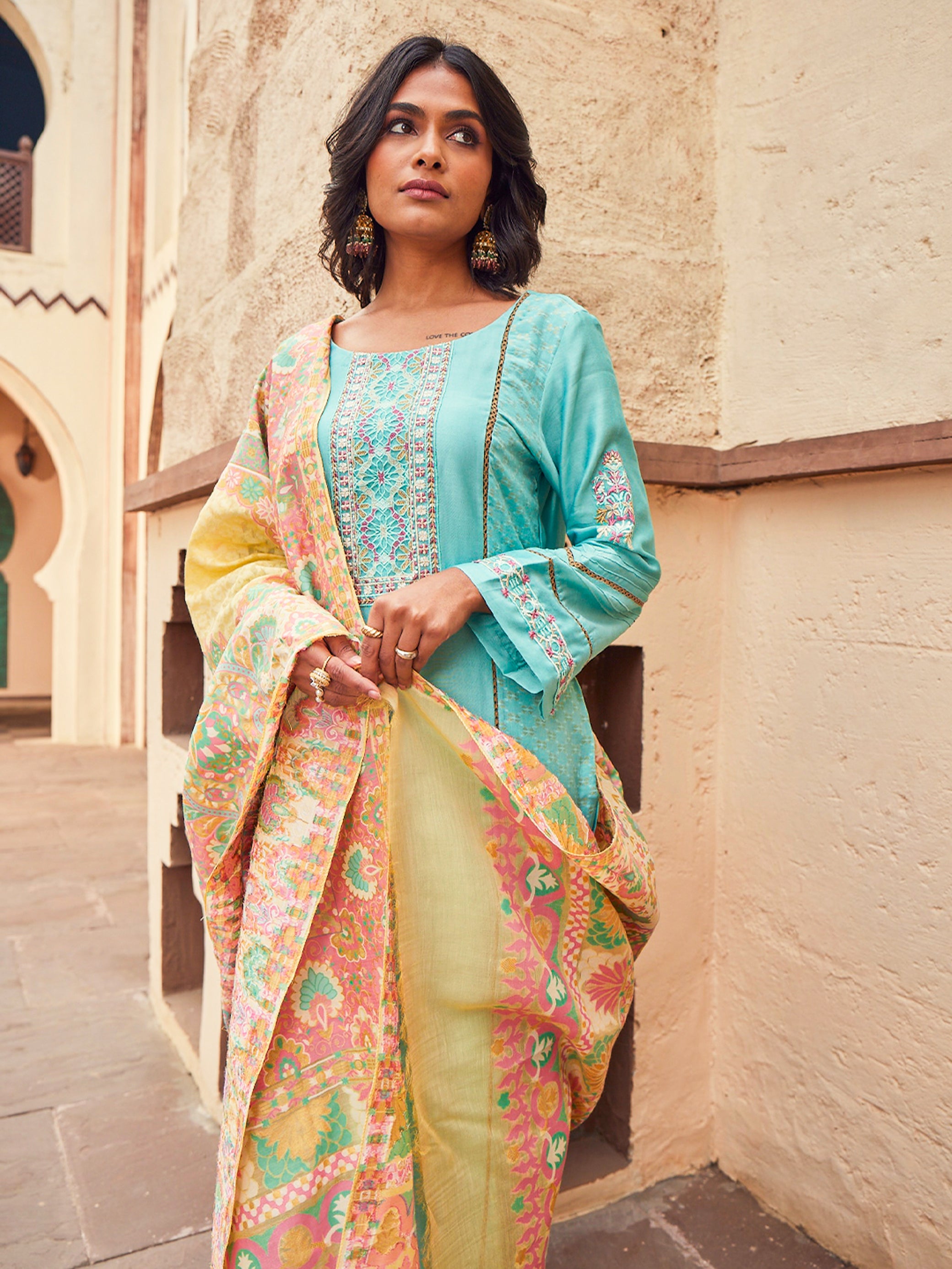 Saanjh: Jacquard Embroidered Unstitched Suit with Dupatta