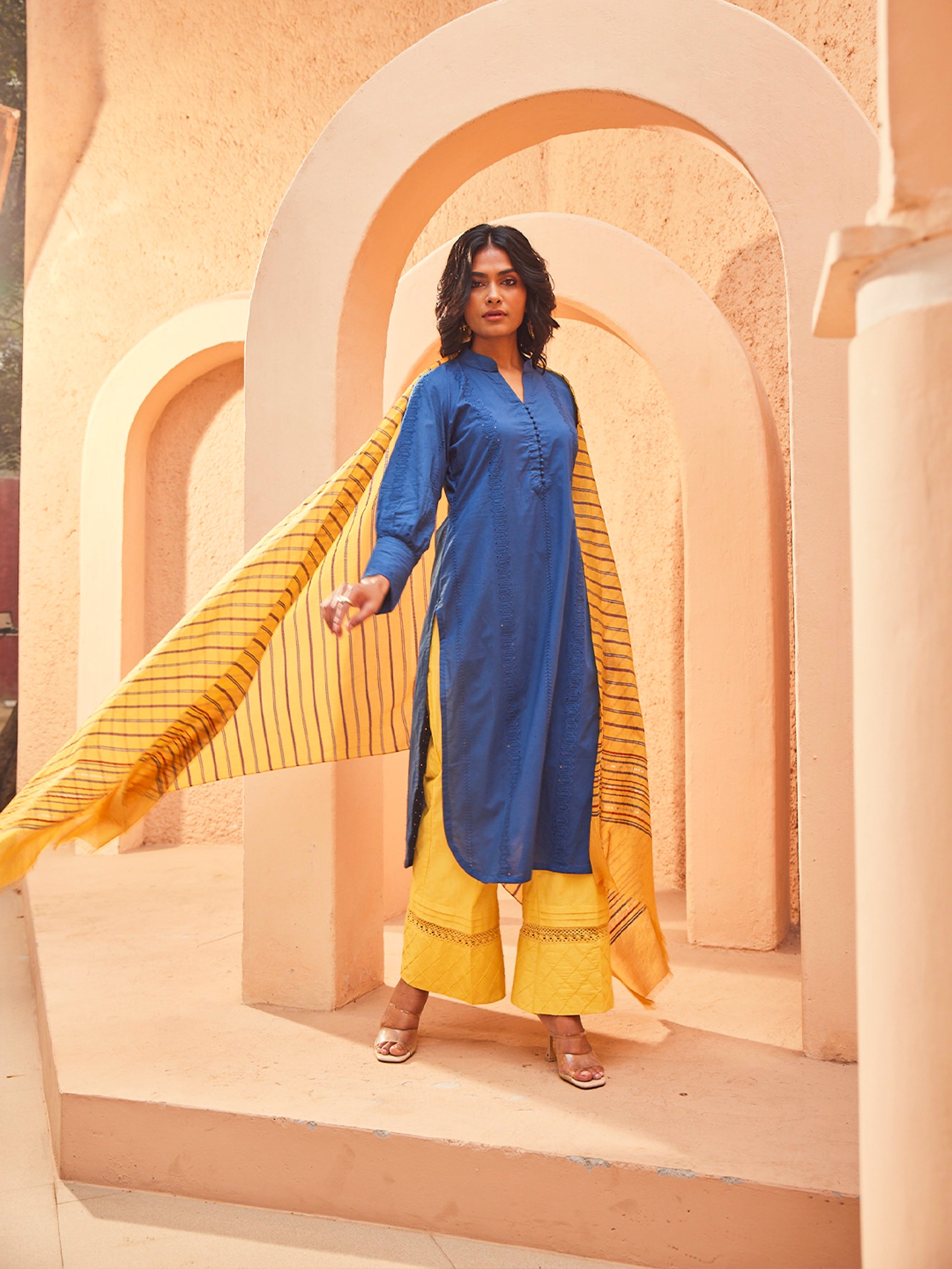 Nazakat: Cotton Unstitched Suit & Striped Dupatta