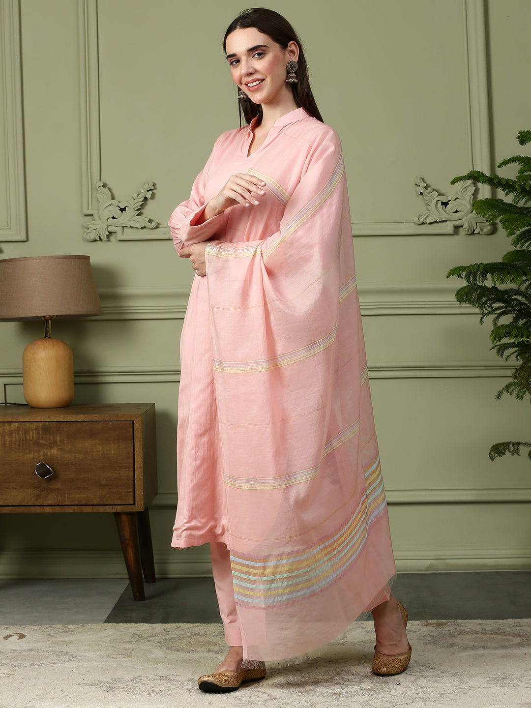 Shingora Pink Solid Mandarin Collar Stitched Suit Set
