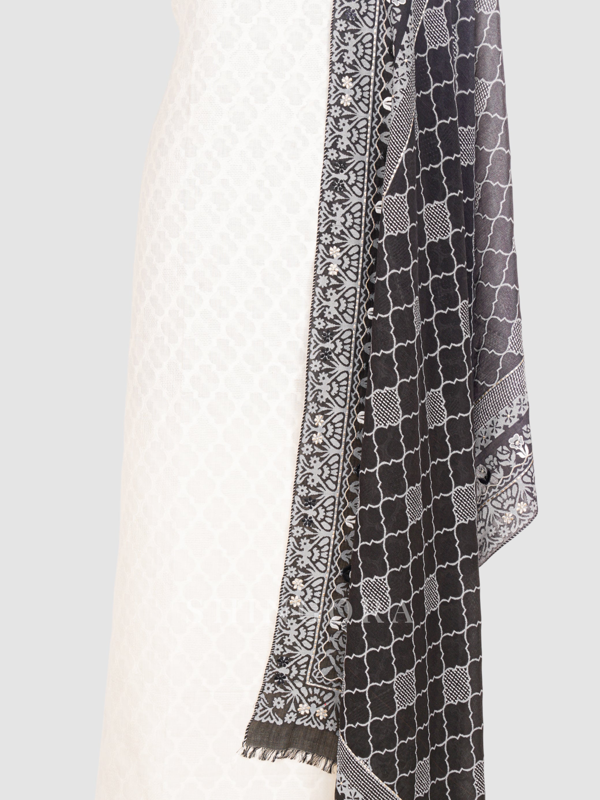 Kalaa: Jacquard Embroidered Unstitched Suit & Dupatta Set