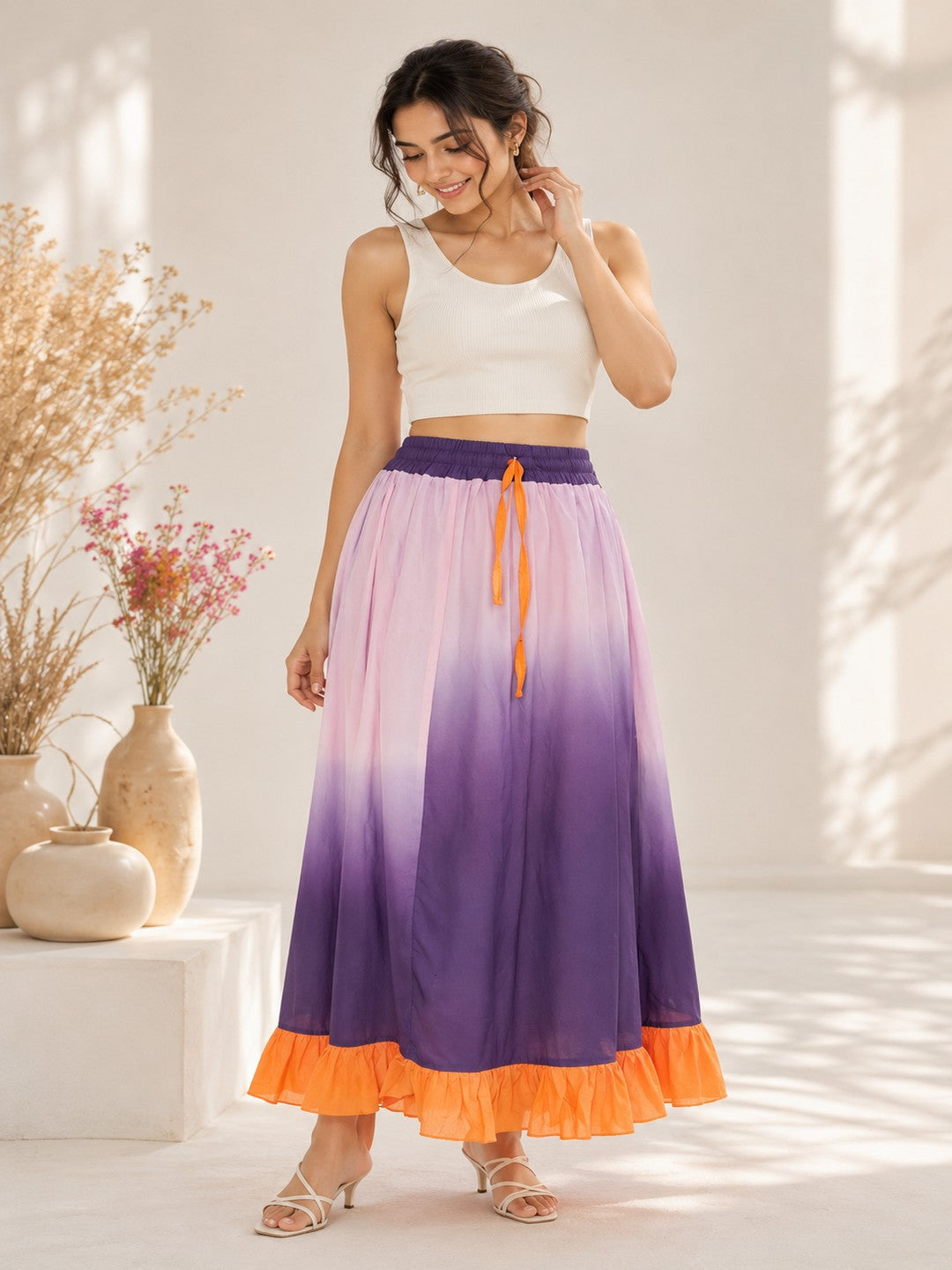 Women’s Pink & Purple Ombre Maxi Skirt with Orange Ruffle Hem