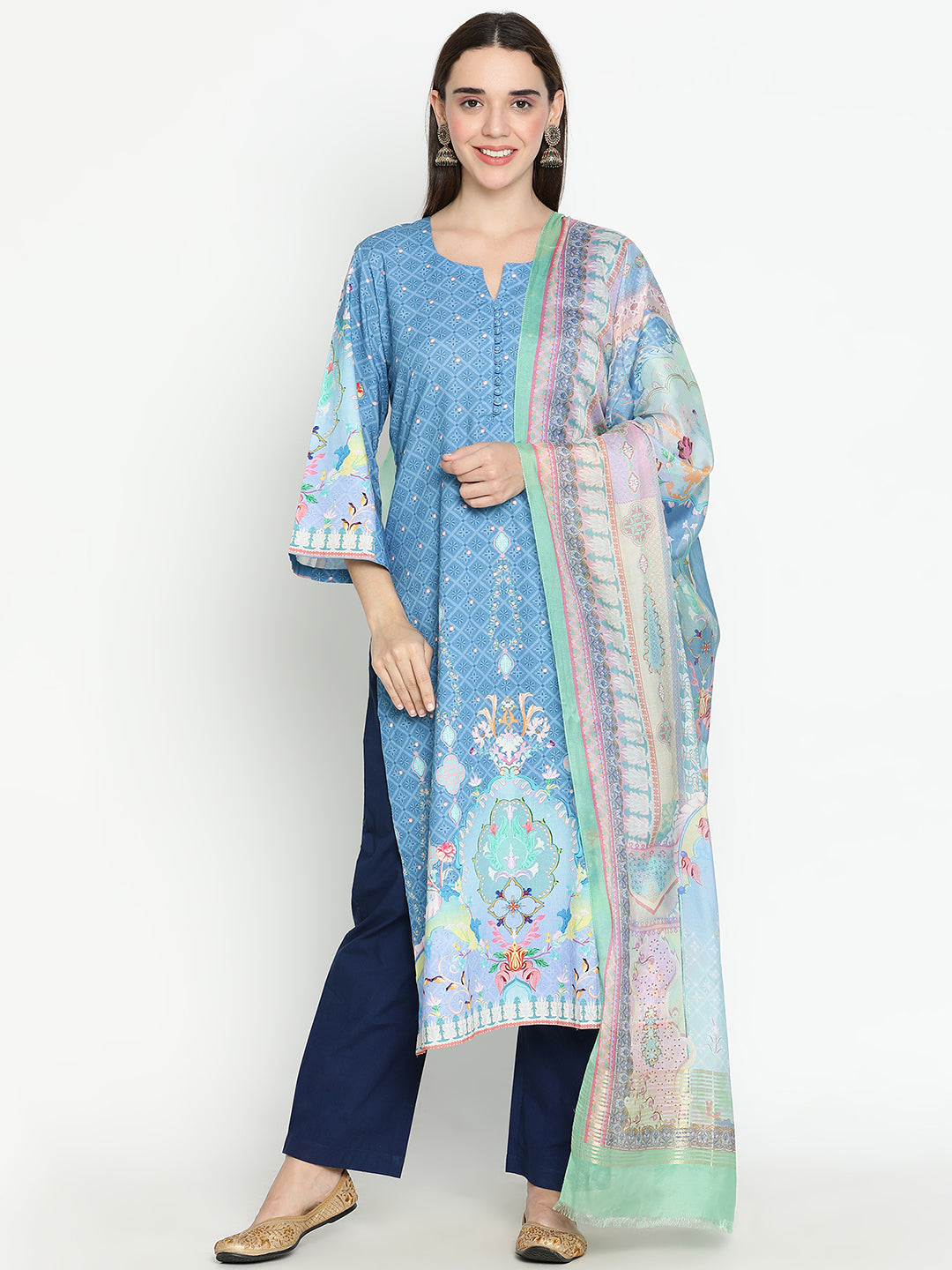 Shingora Blue Printed Notch Neck Stitched Suit Set
