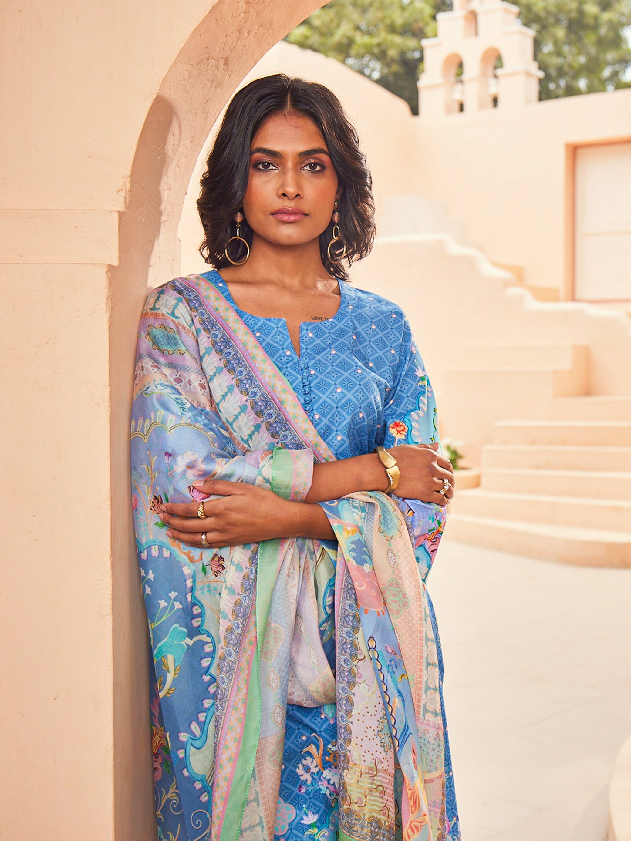 Nirja: Sapphire Cotton Wildflower Printed Unstitched Suit & Dupatta