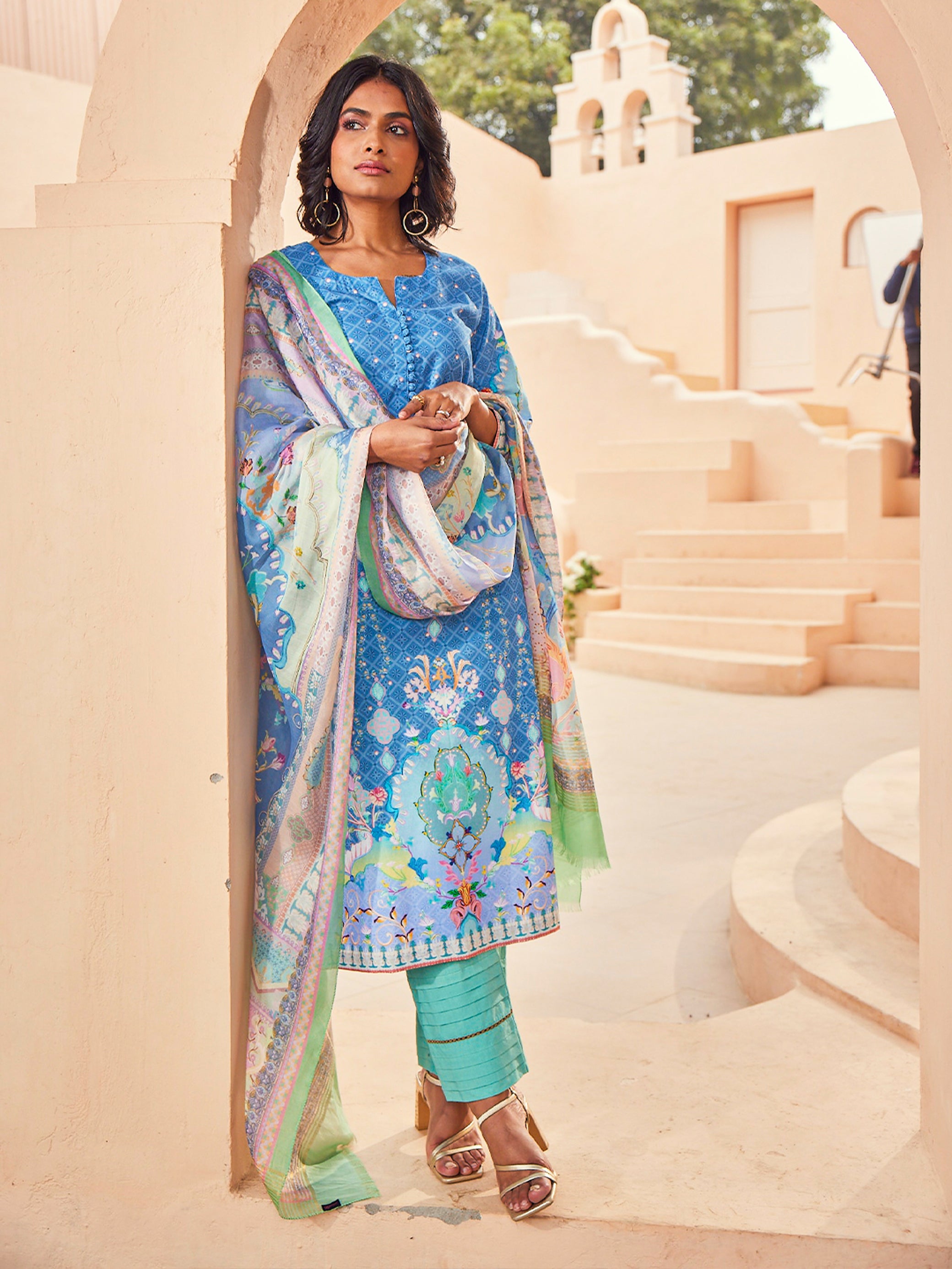 Nirja: Sapphire Cotton Wildflower Printed Unstitched Suit & Dupatta