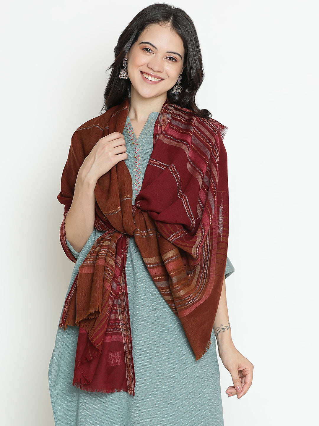 Whispers Weave-Striped Woolen Dobby Shawl