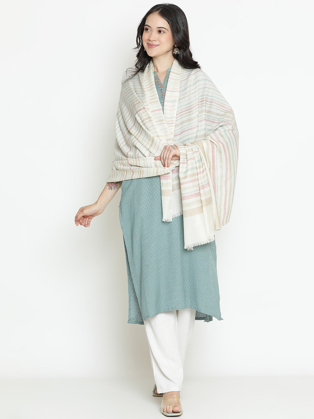 Serene Lines-Light Striped Woolen Dobby Shawl