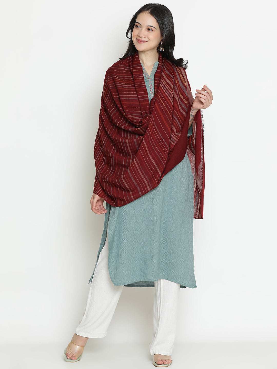Serene Lines-Light Striped Woolen Dobby Shawl