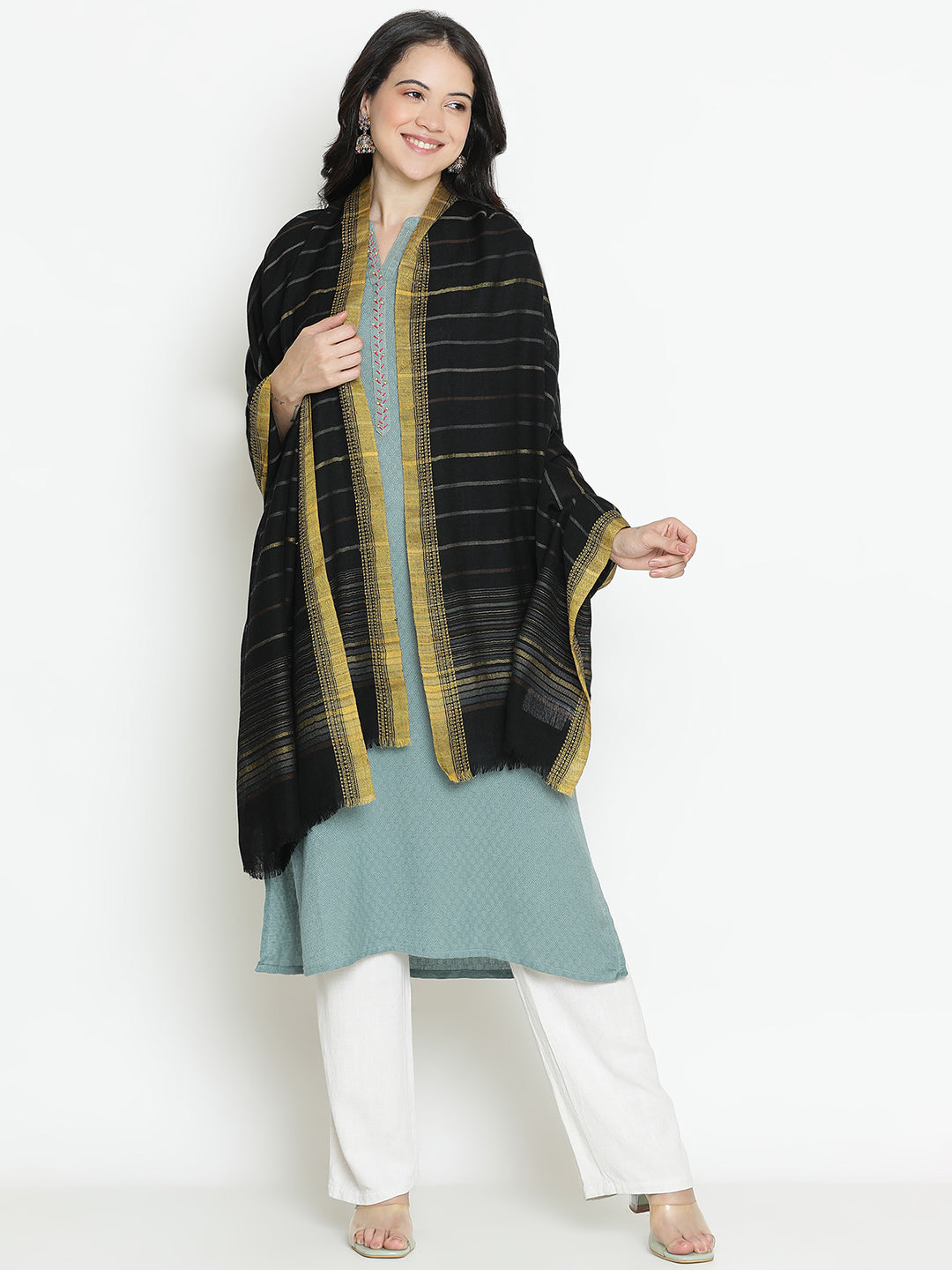 Twilight Threads-Handwoven Woolen Dobby Shawl