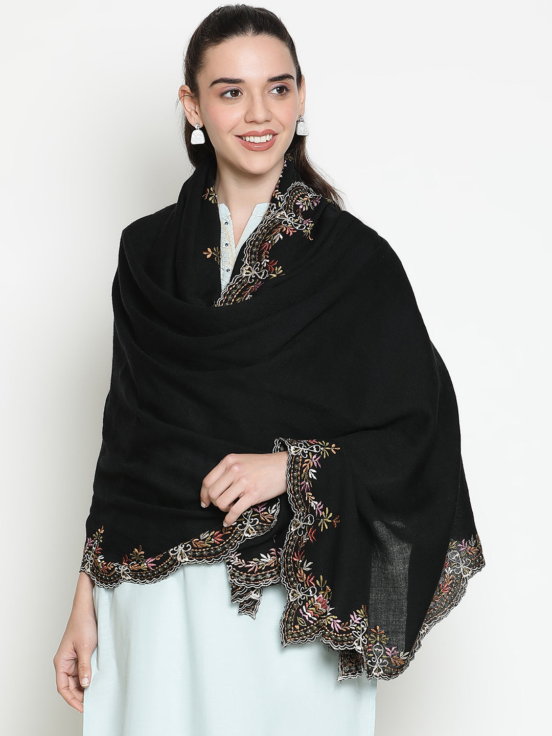 Floral Border Pure Wool Black Embroidered Stole