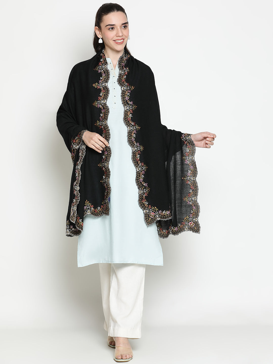 Floral Border Pure Wool Black Embroidered Stole