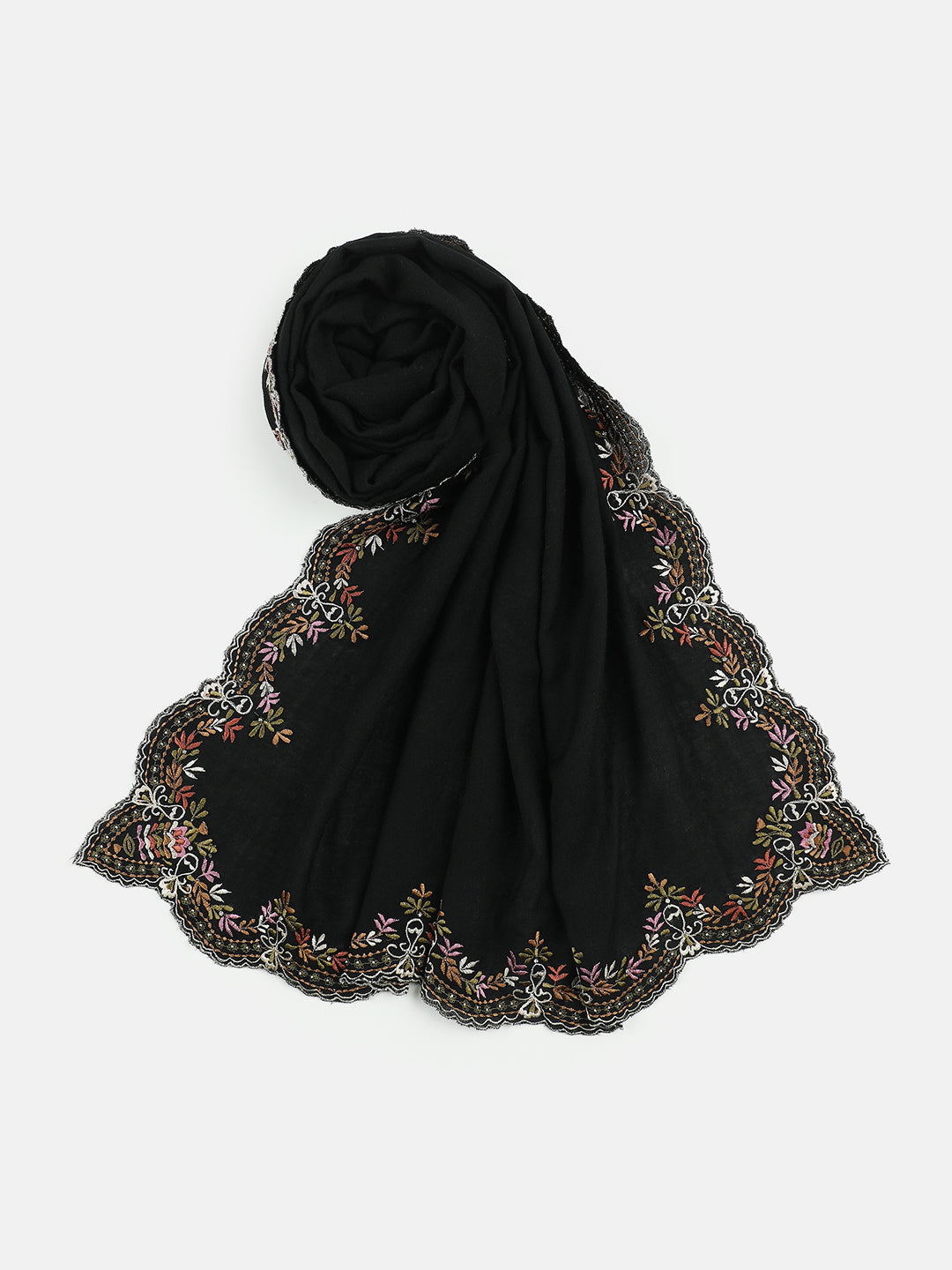 Floral Border Pure Wool Black Embroidered Stole