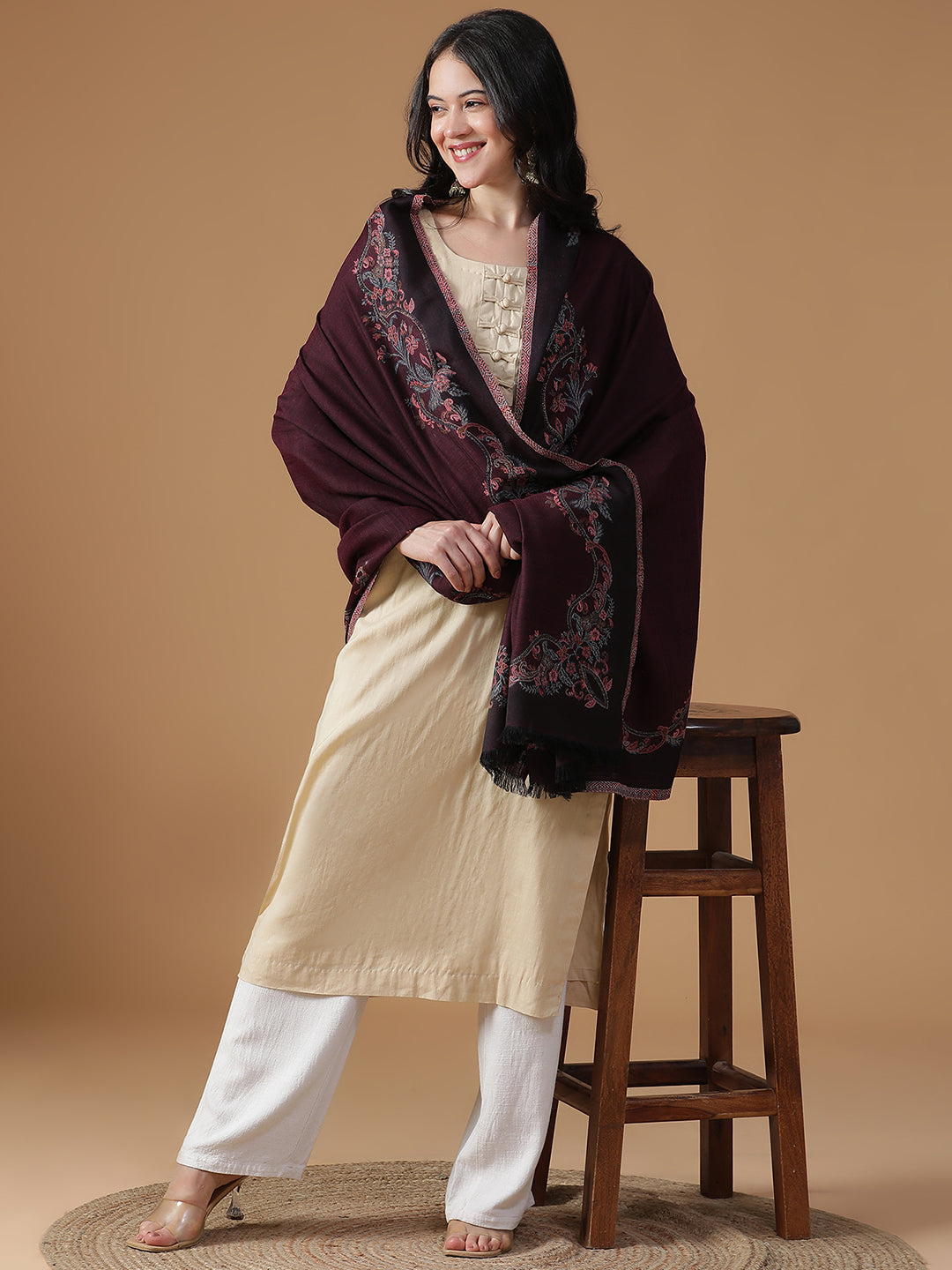 Chintz Bloom-Botanical Patterned Woolen Jacquard Shawl