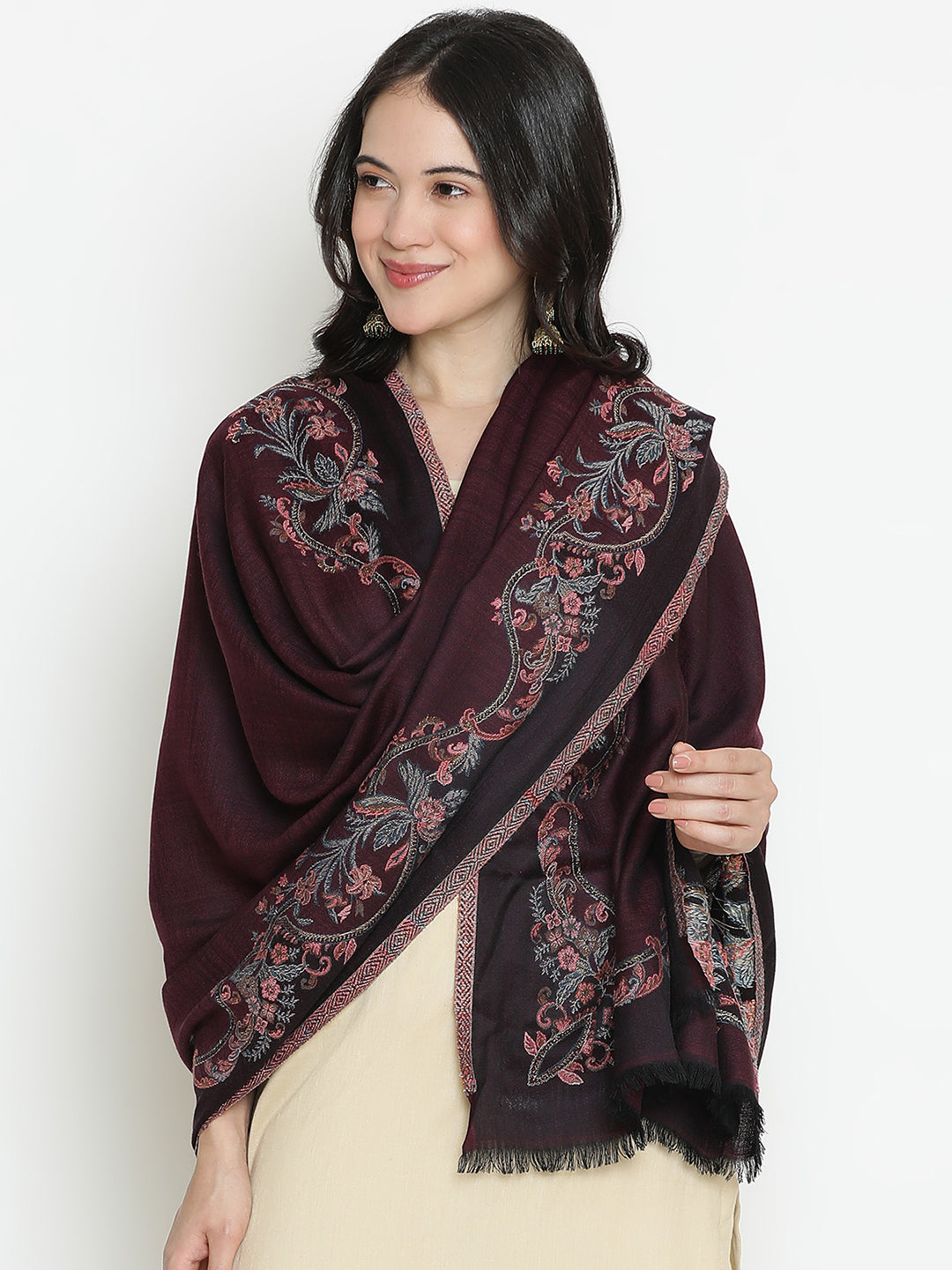 Chintz Bloom-Botanical Patterned Woolen Jacquard Shawl