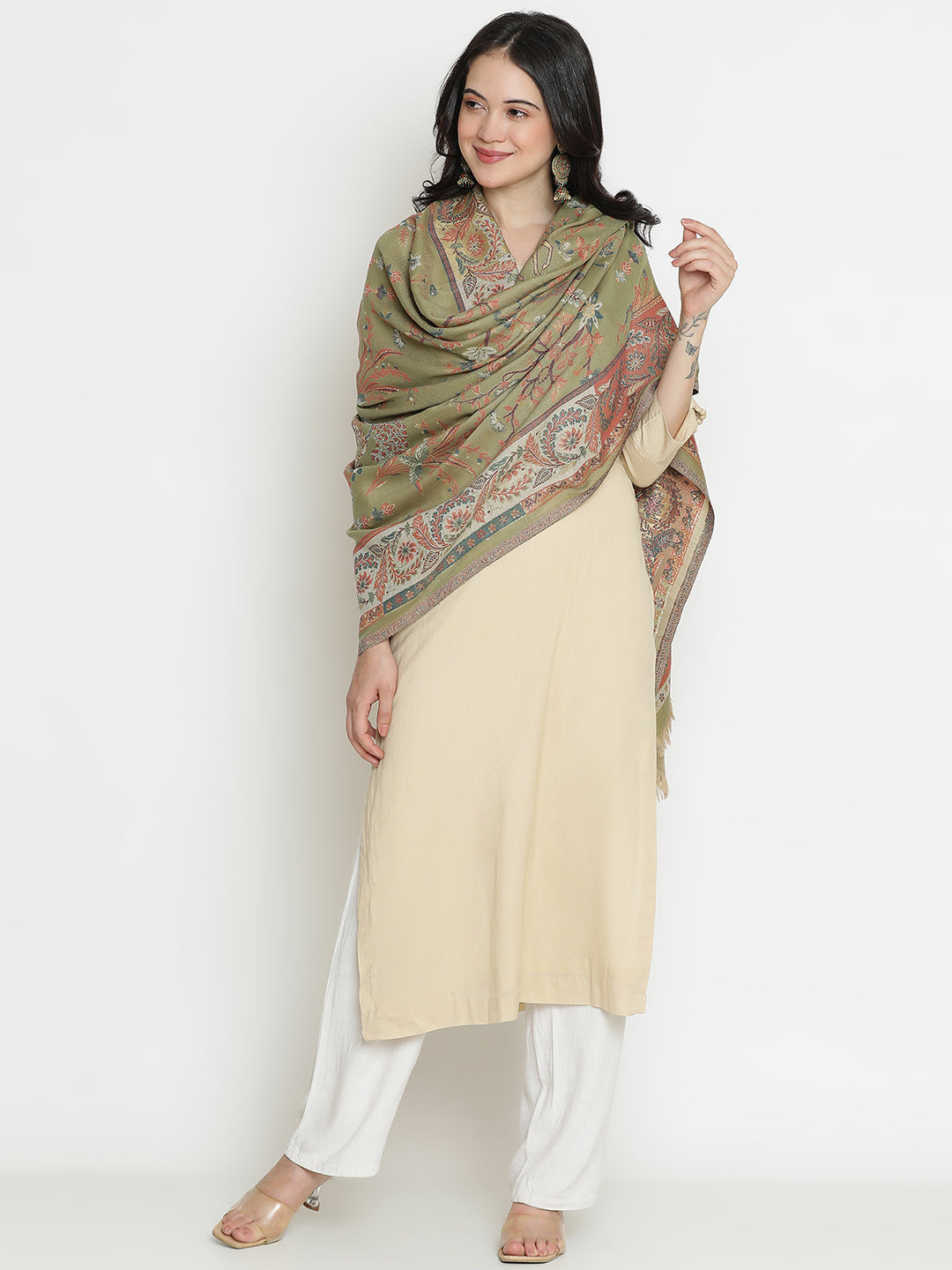 Jungle Tale-Gond Art Woolen Jacquard Shawl