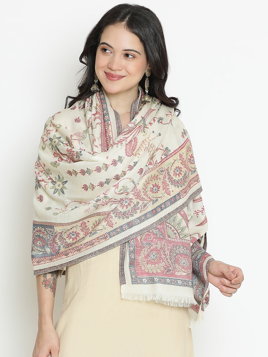 Jungle Tale-Gond Art Woolen Jacquard Shawl