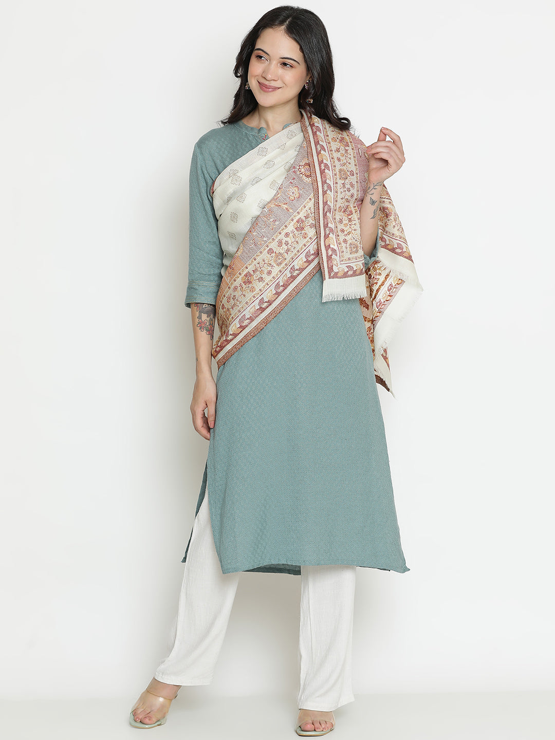Chateau Garden-Refined Floral Weave Woolen Jacquard Shawl