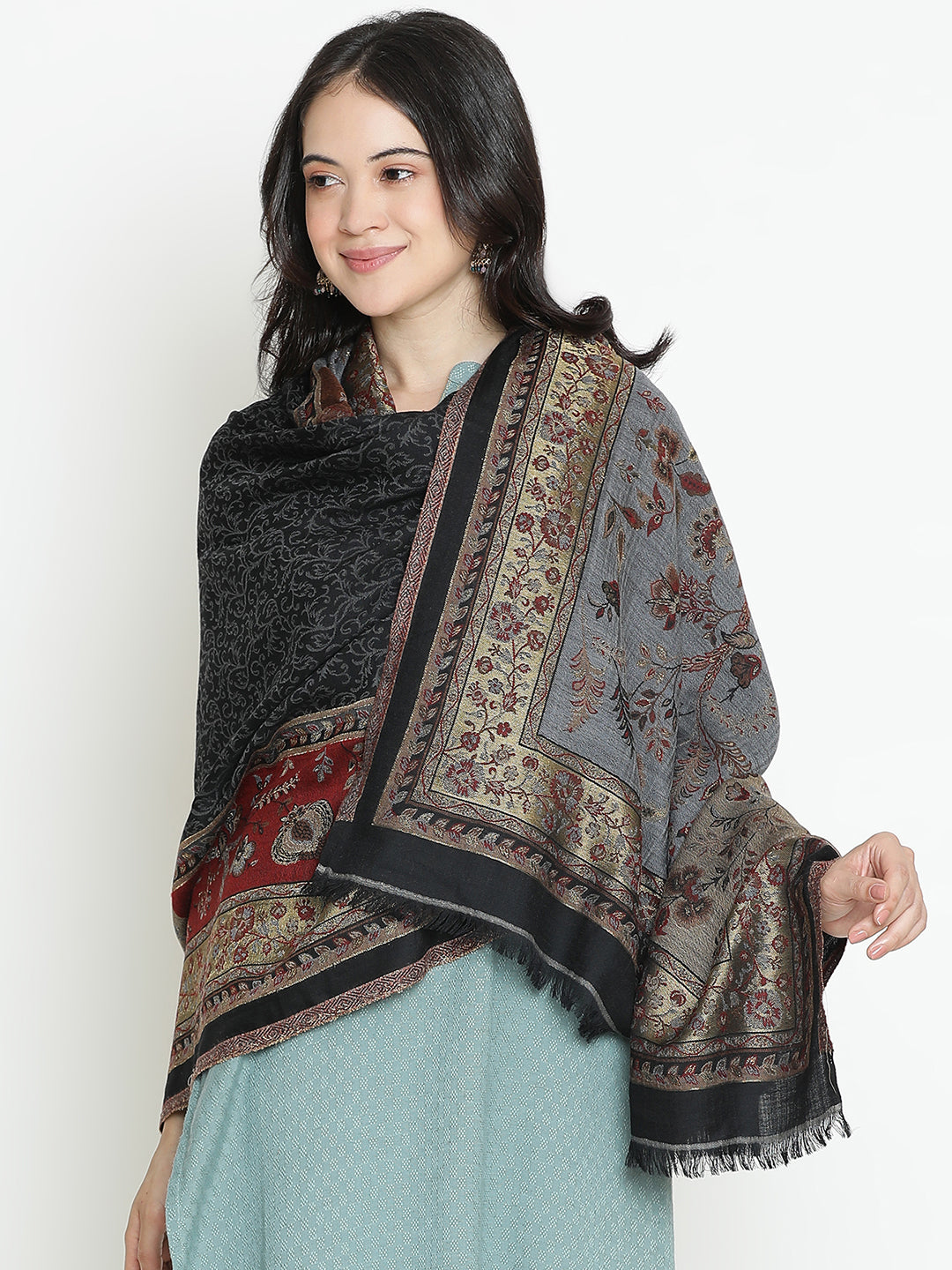 Chateau Garden-Refined Floral Weave Woolen Jacquard Shawl