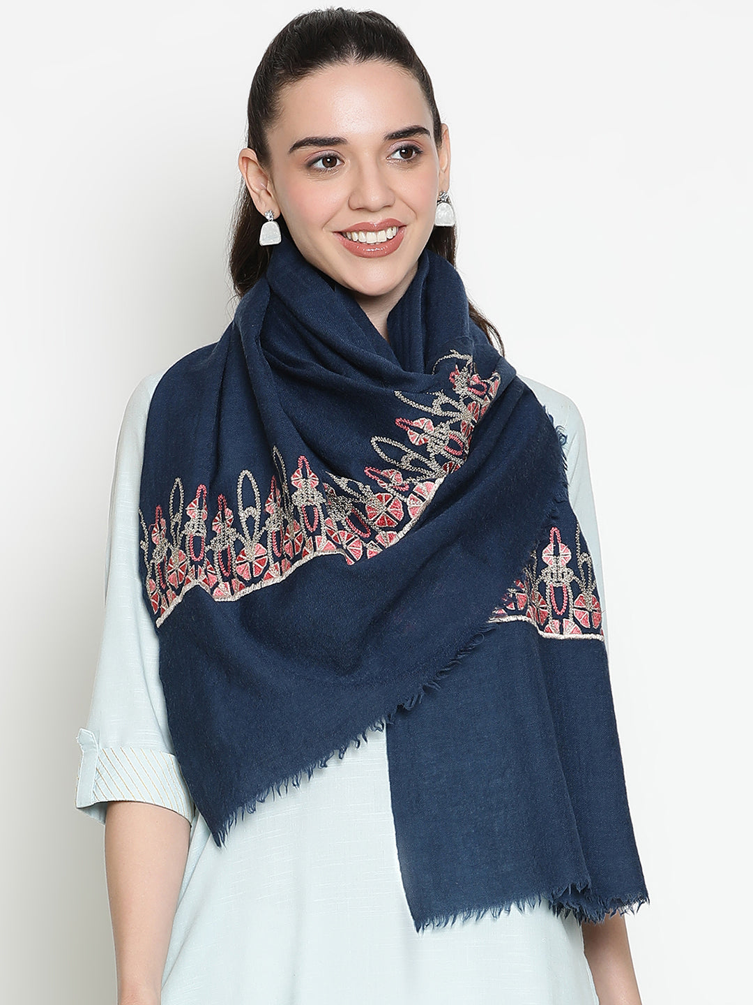 Embroidered Floral Border Plain Pure Wool Stole