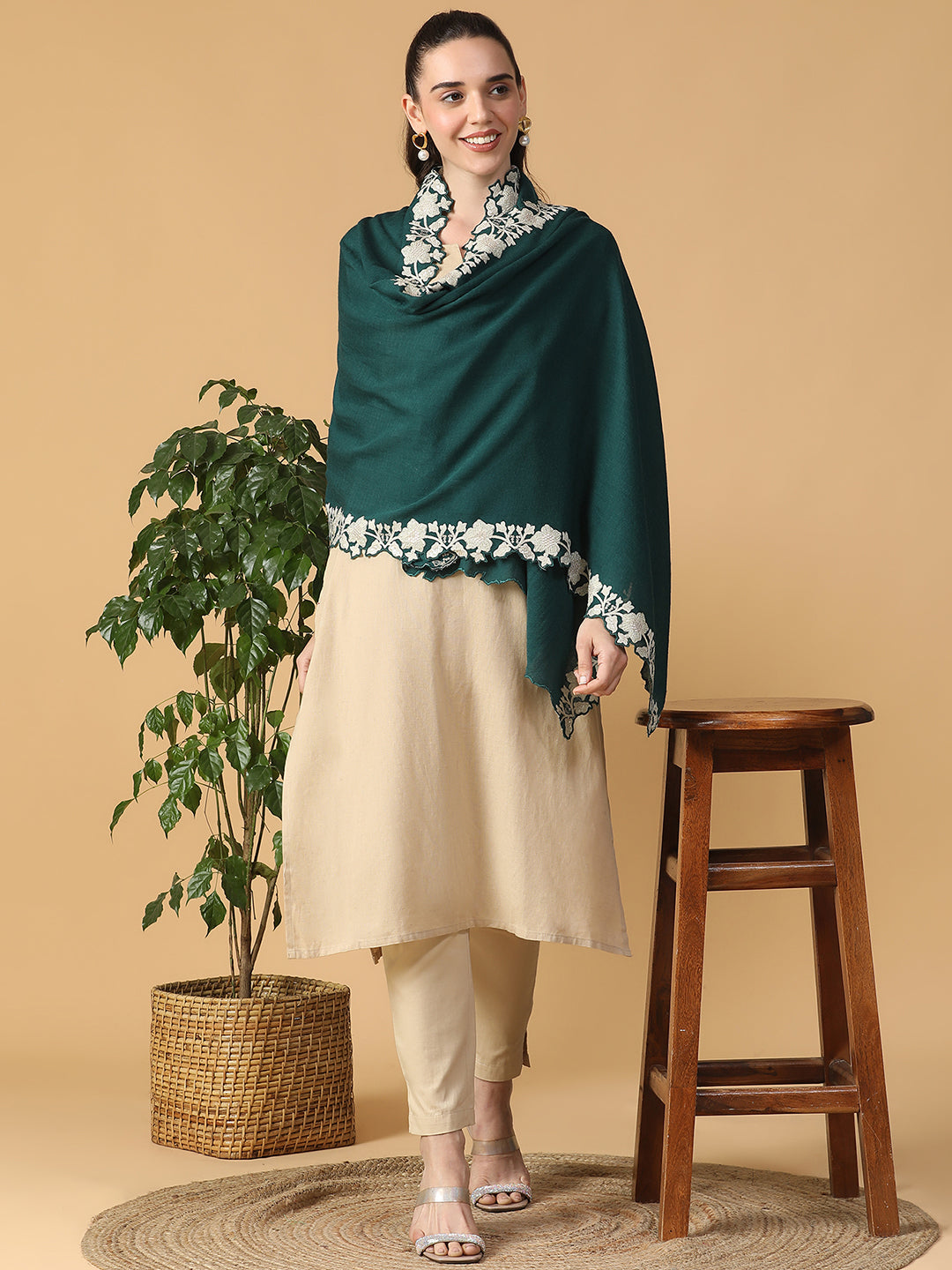 Embroidered Flower Border Pure Wool Stole