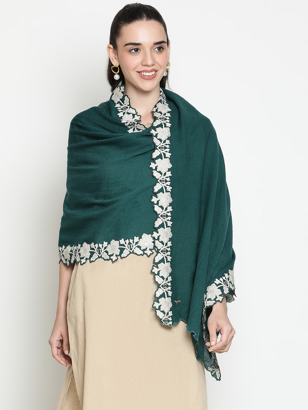 Embroidered Flower Border Pure Wool Stole