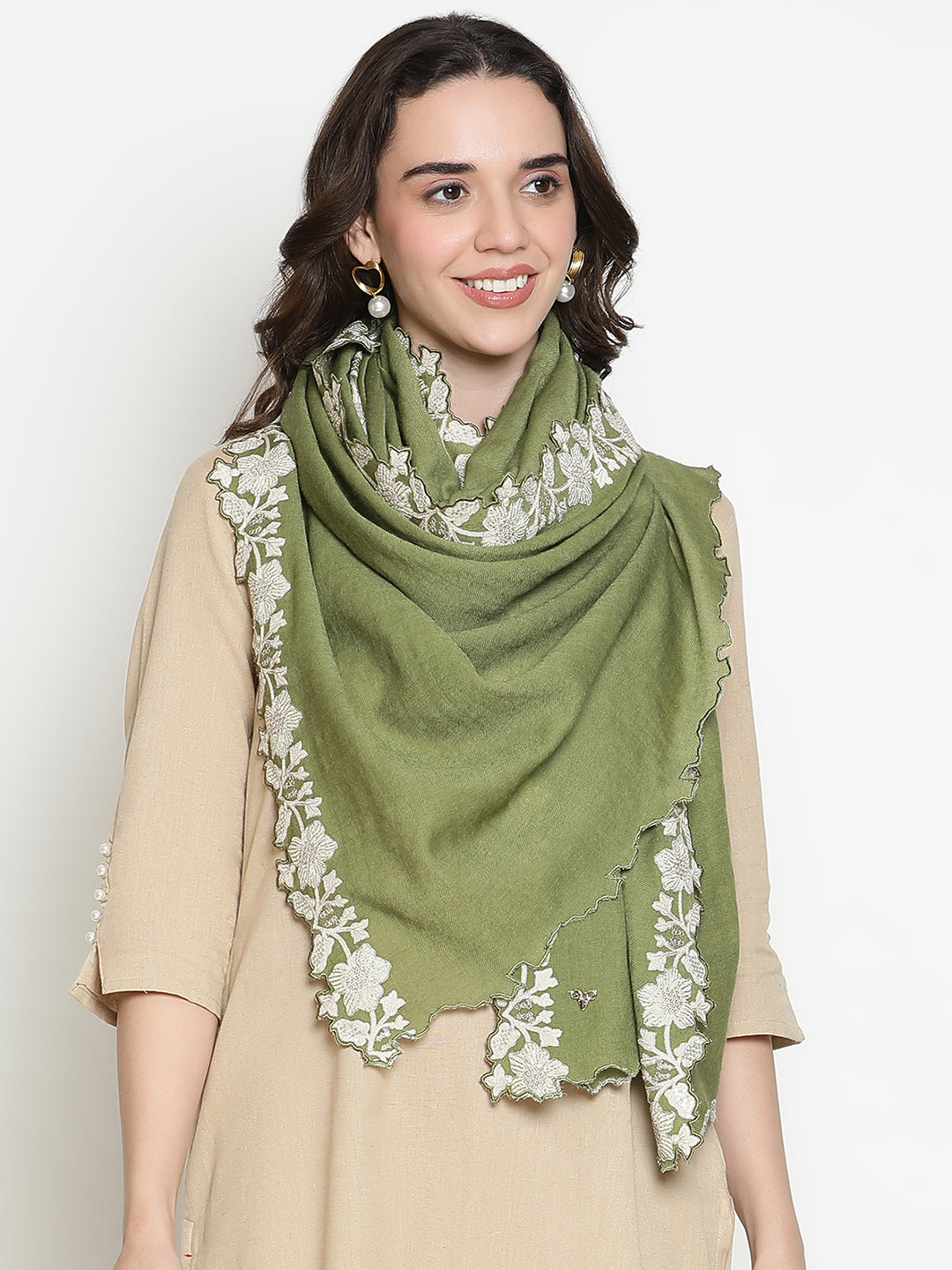 Embroidered Flower Border Pure Wool Stole
