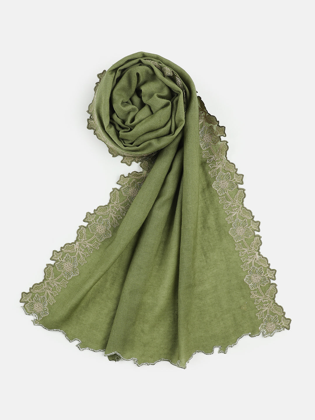 Embroidered Flower Border Pure Wool Stole