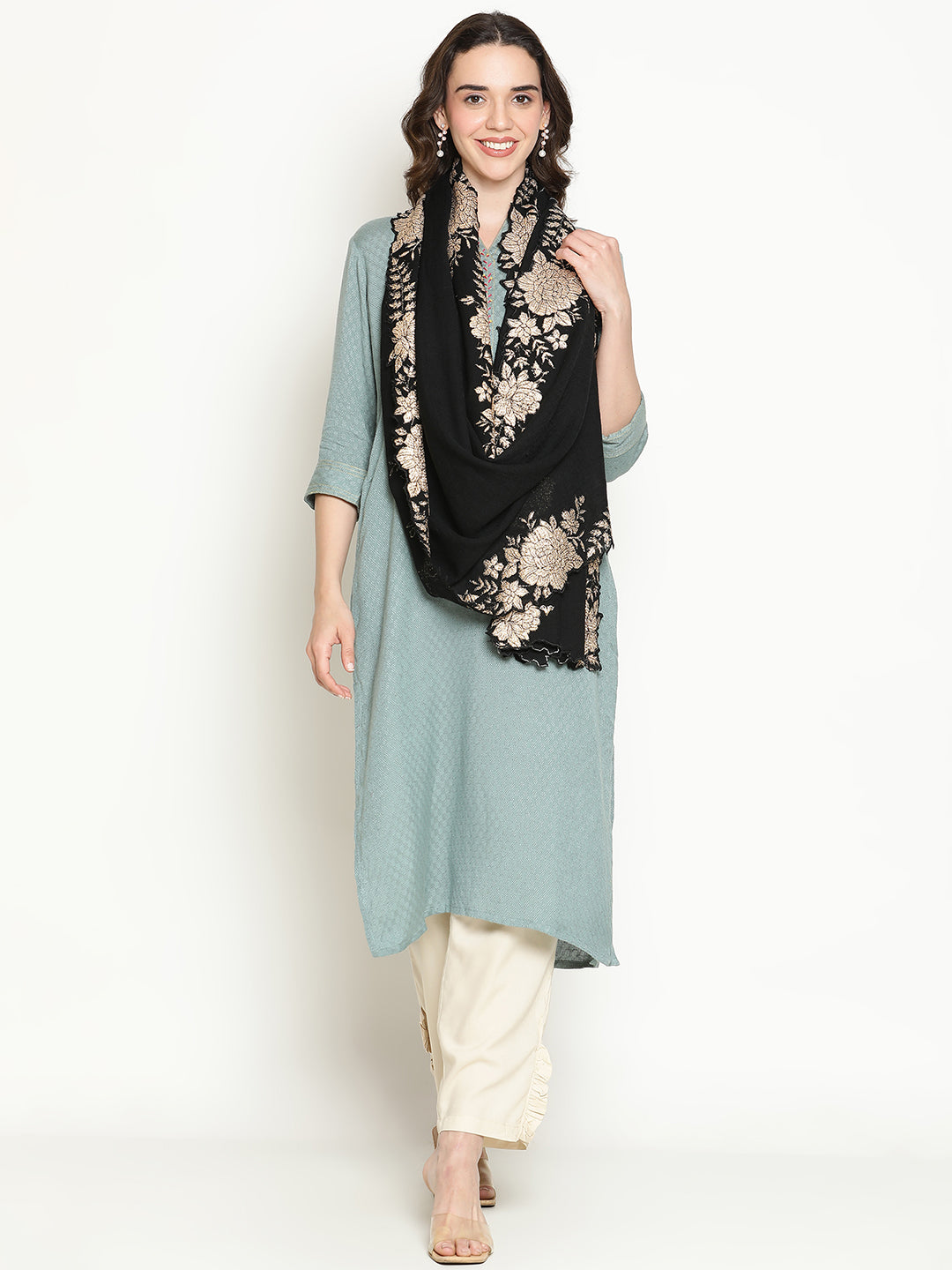 Floral Border Pure Wool Embroidered Stole