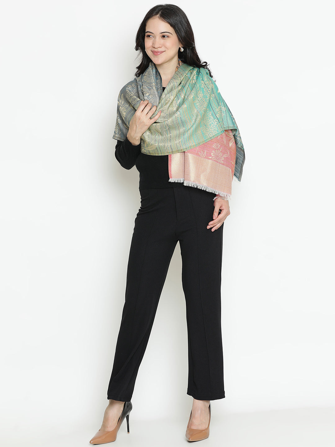 Pastel Elegance-French Floral Jacquard Woolen Jacquard Stole