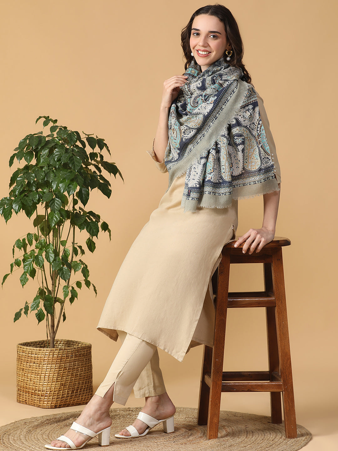 Embroidered Printed Floral Pure Wool Stole
