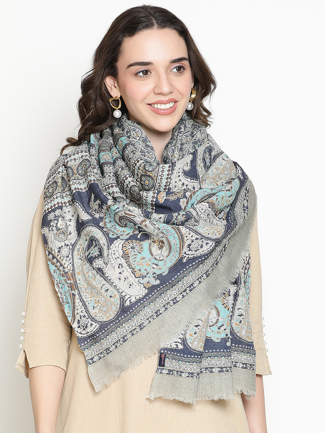 Embroidered Printed Floral Pure Wool Stole