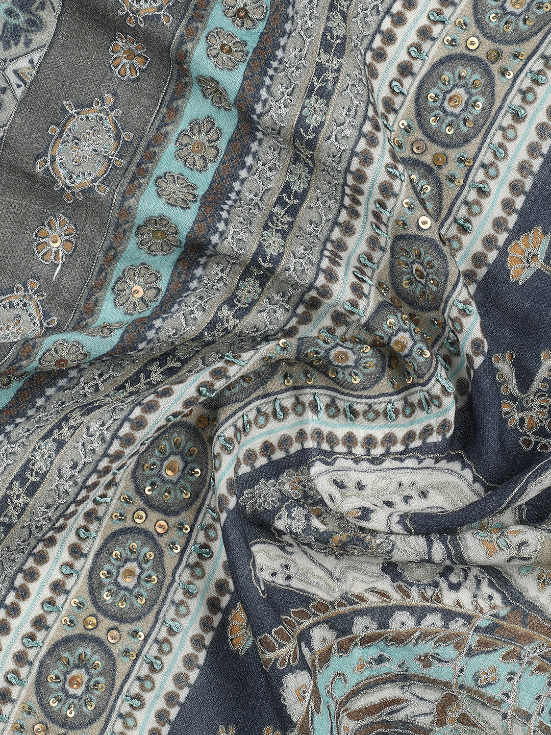 Embroidered Printed Floral Pure Wool Stole