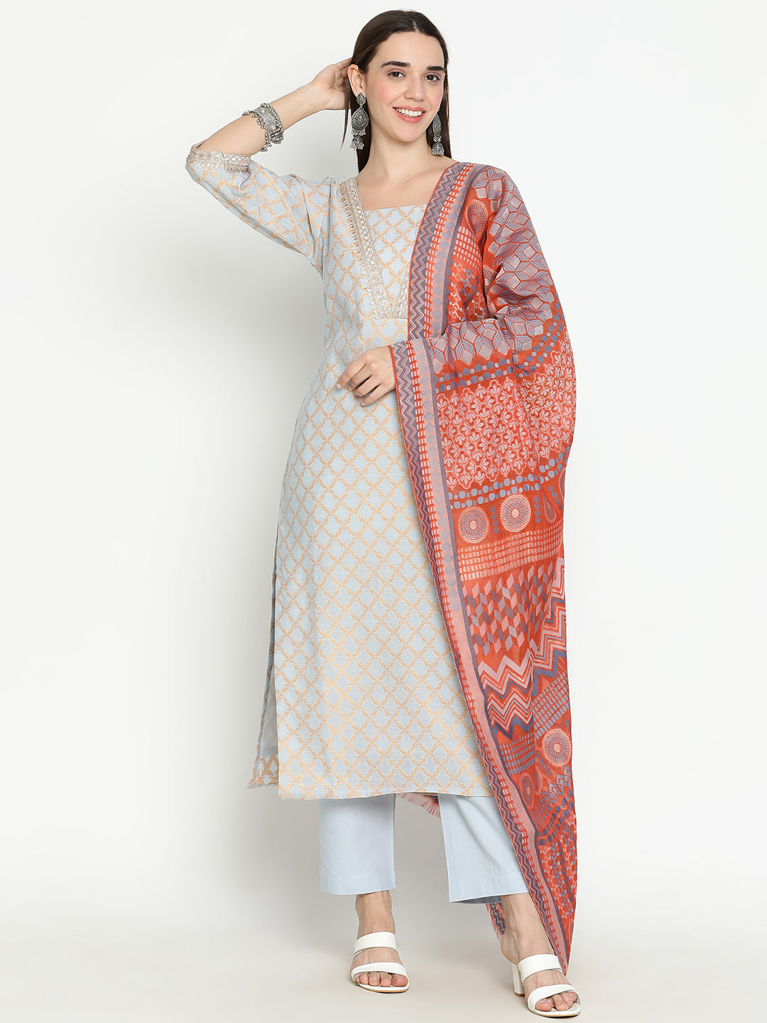 Shingora Blue Woven Design Stitched Suit Set