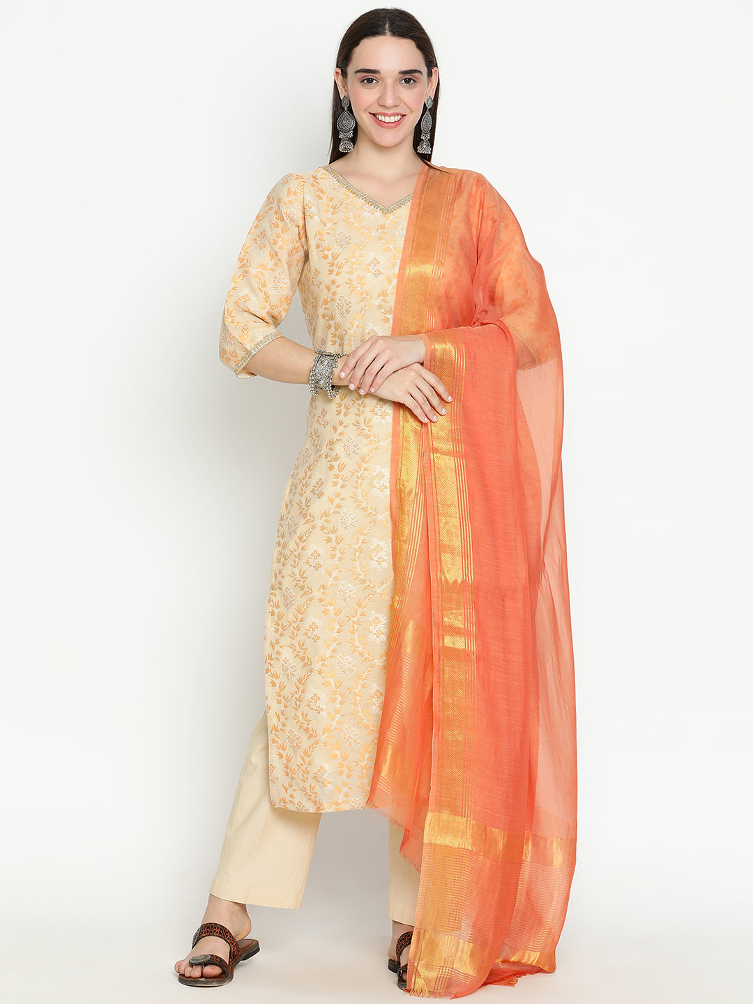 Shingora Beige Floral Woven Design V-Neck Zari Stitched Suit Set