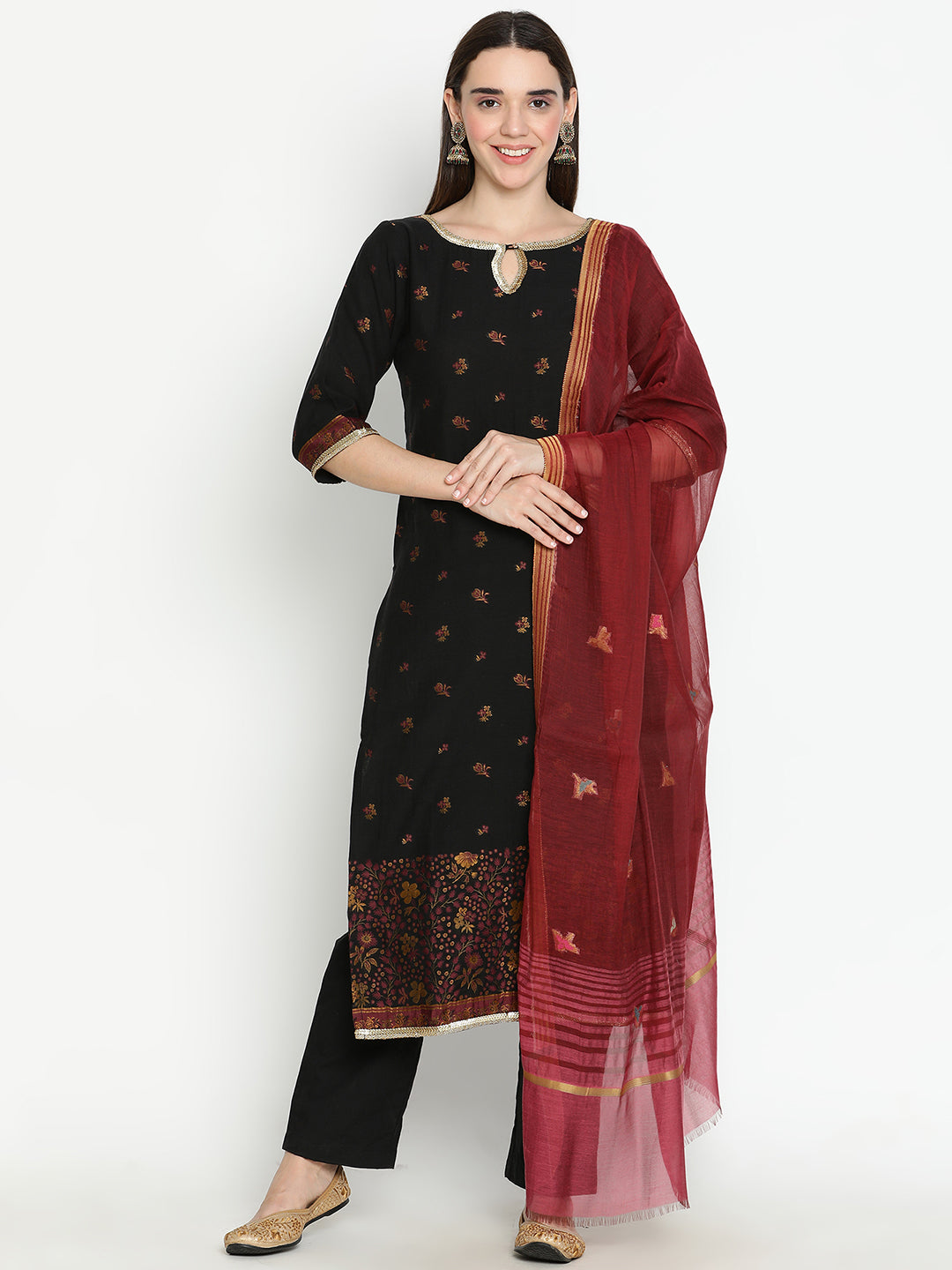 Shingora Black Floral Woven Design Keyhole Neck Stitched Suit Set